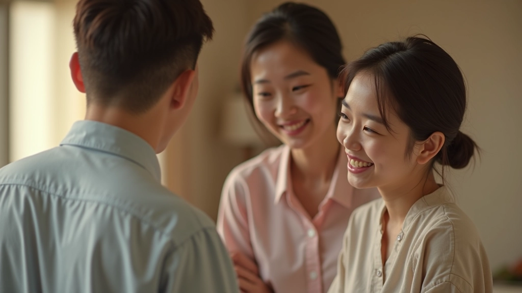 Family photograph showing parents and adult child, warm indoor setting