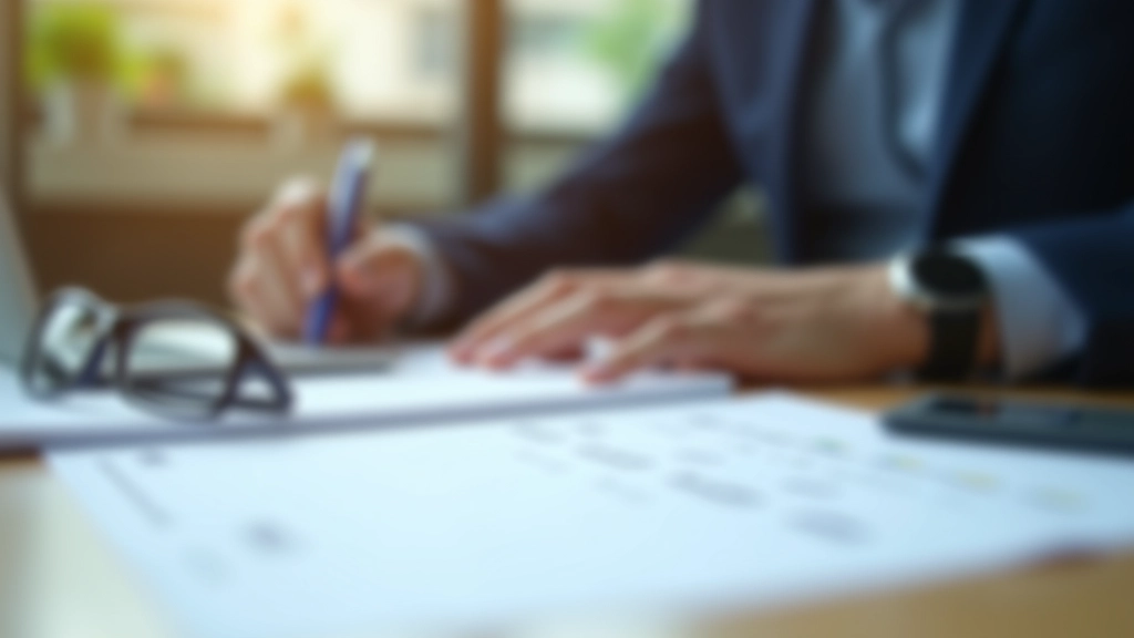 Close-up of hands reviewing tax form documents with pen and glasses on desk