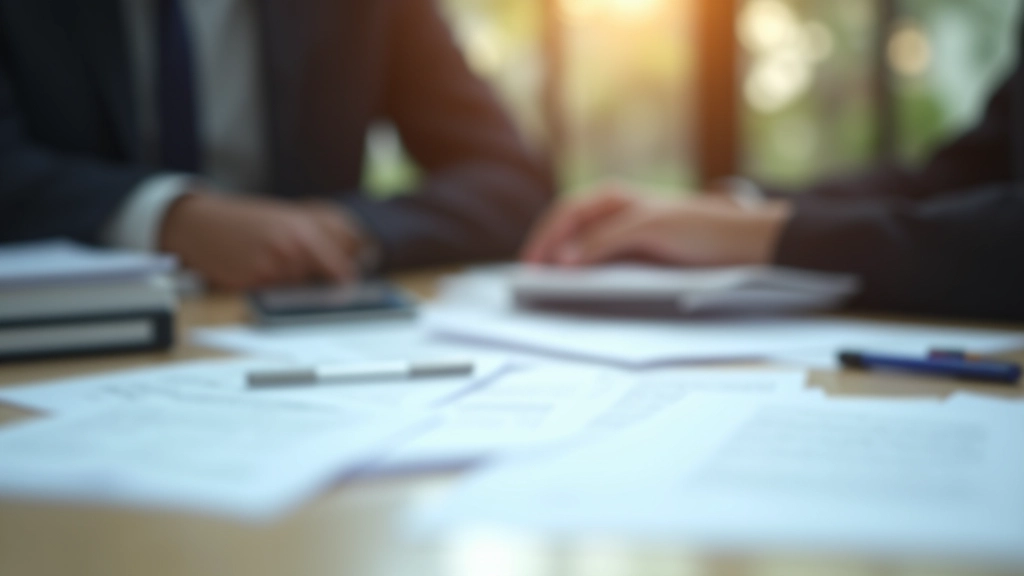 Insurance policy documents and contract papers on wooden desk