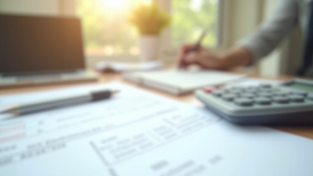 Organized desk with tax documents, calculator, and notepad for preparing filing information