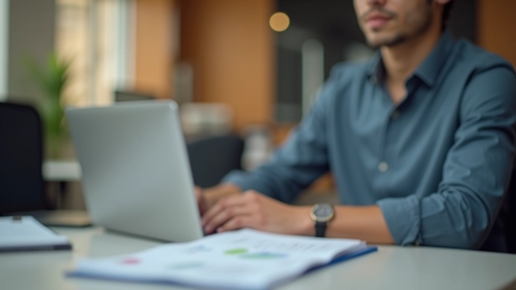 Person sitting at desk with documents and laptop, reviewing tax filing information